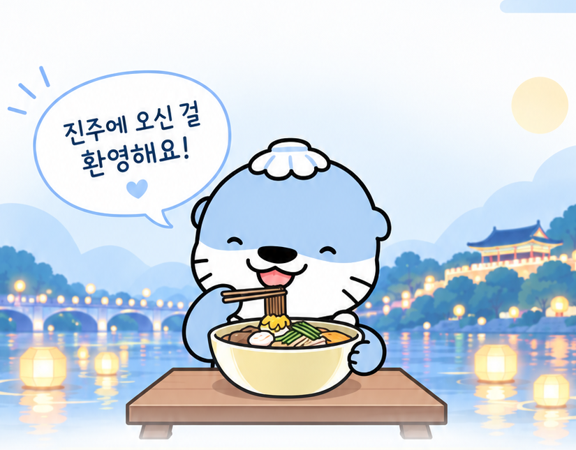 하모가 진주 음식과 함께 진주성, 남강 유등 분위기 속에서 하객을 환영하는 이미지